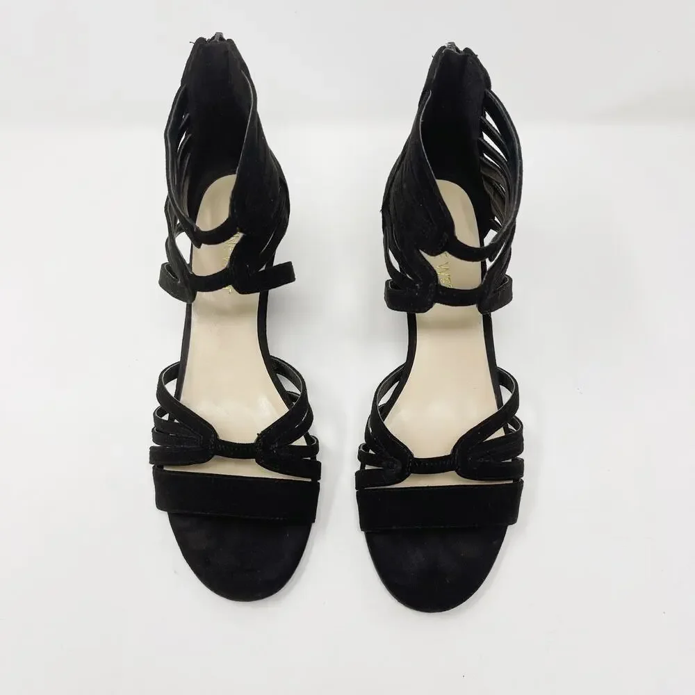 Nine West 6.5 Black Faux Suede Roseo Strappy Wedge Sandals Heeled Zip Back